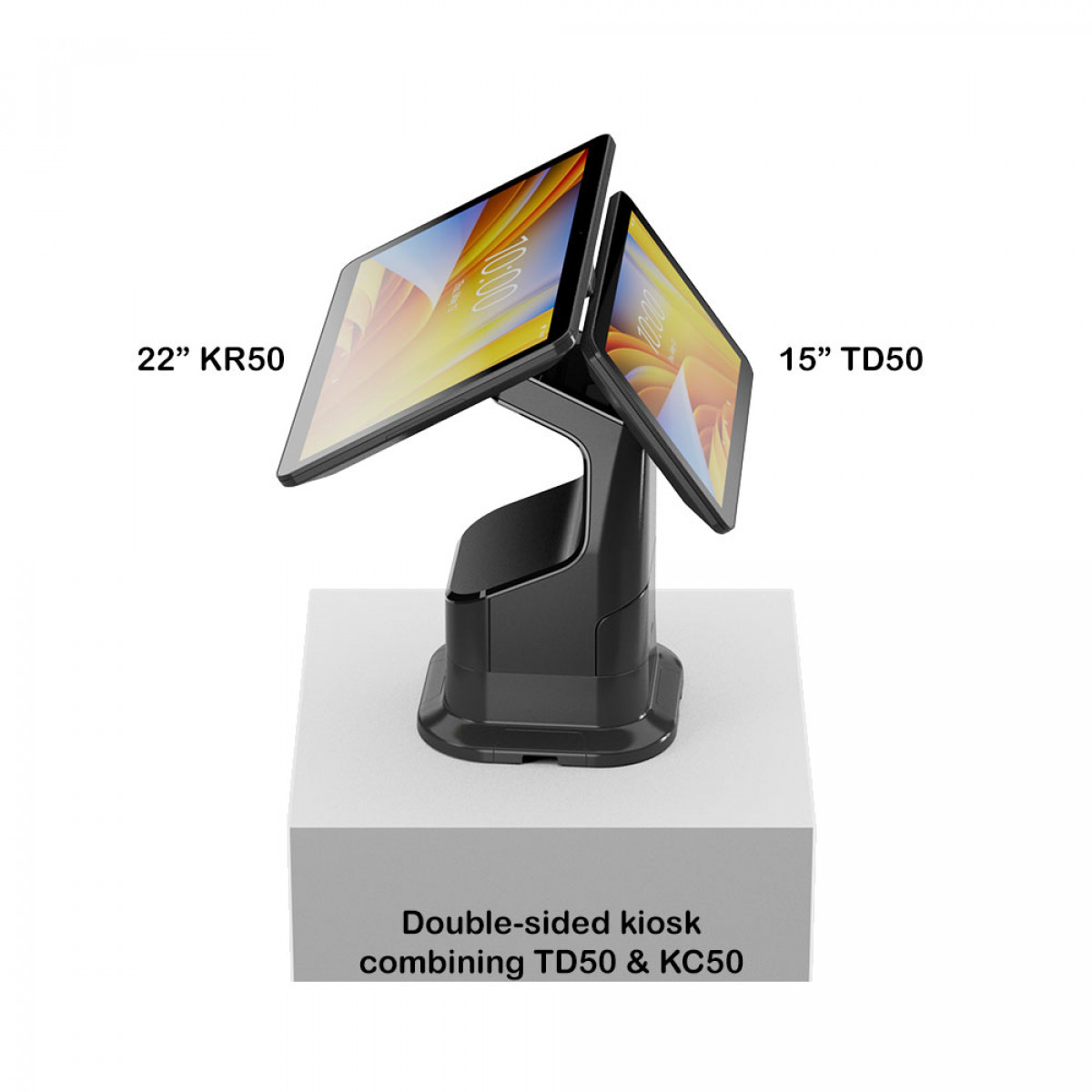 Double-sided kiosk with Zebra 15" TD50 and 22" KR50 computers