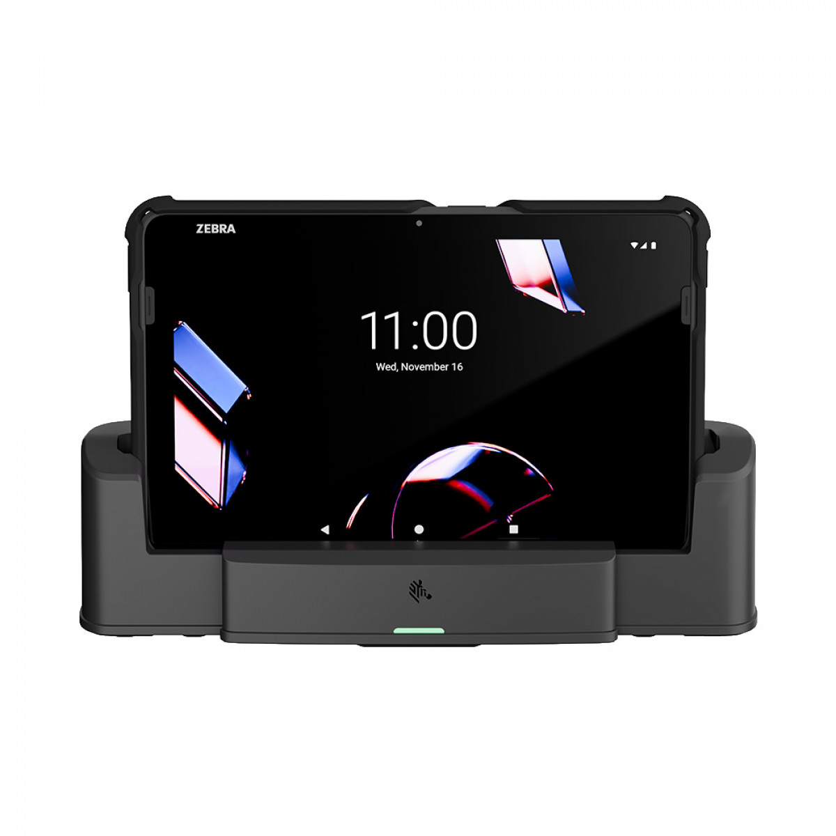 Zebra ET401 enterprise tablet pictured in charging dock with protective boot on tablet