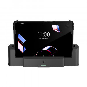 Zebra ET401 enterprise tablet pictured in charging dock with protective boot on tablet