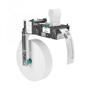 Upright Zebra KR203 kiosk printer with media roll
