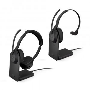 Docked Jabra Evolve2 55 series professional wireless headsets