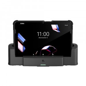 Zebra ET401 enterprise tablet pictured in charging dock with protective boot on tablet